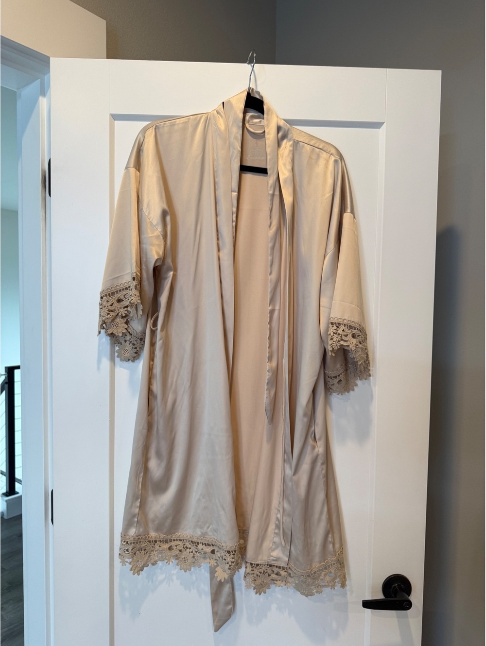 Beige ‘Satin-like’ Robe with Lace Trim